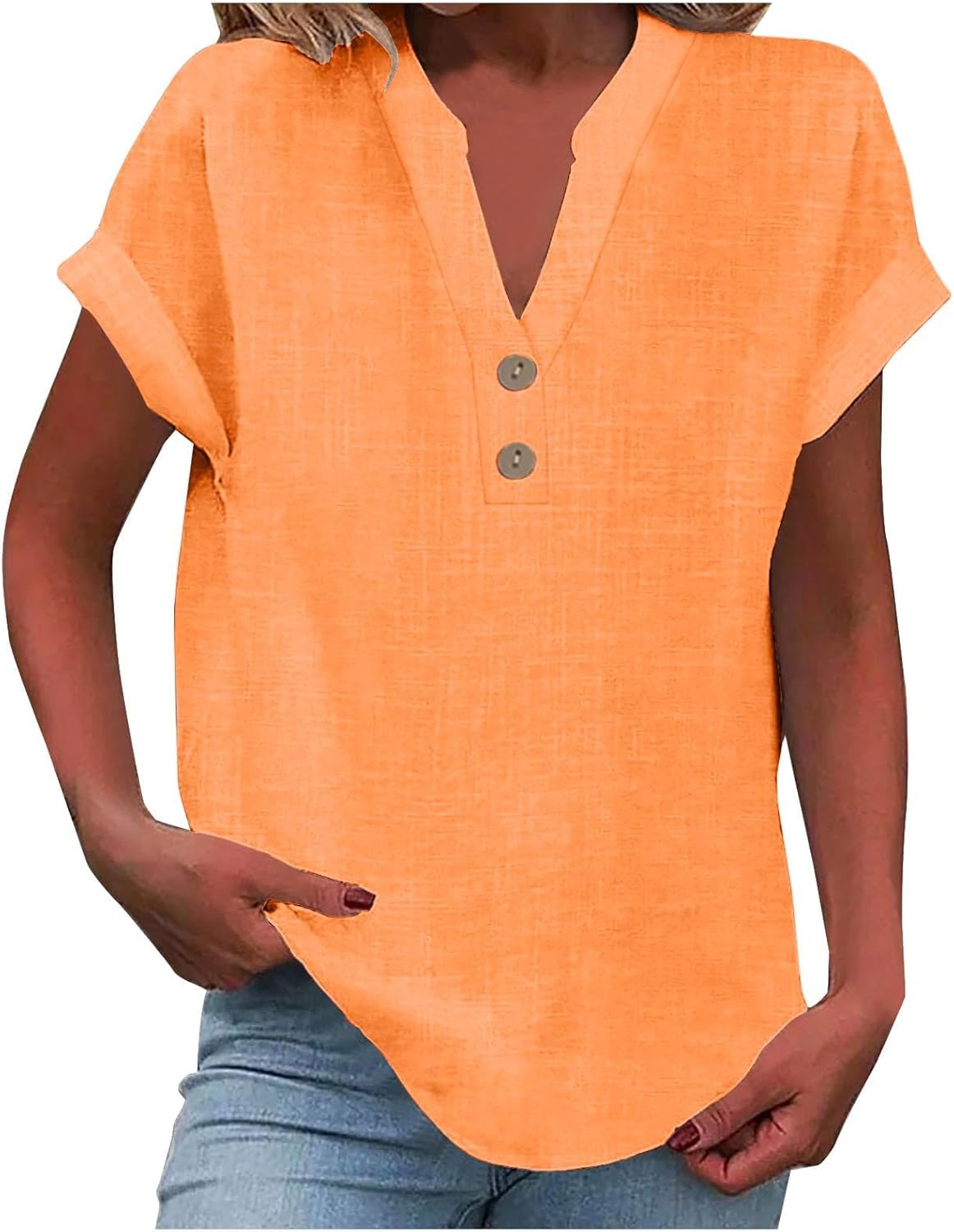 Generic Linen Shirts for Women 2024 Summer Short Cap Sleeve Half Button V Neck Tunic Tops Trendy Casual Cotton Lounge Blouses