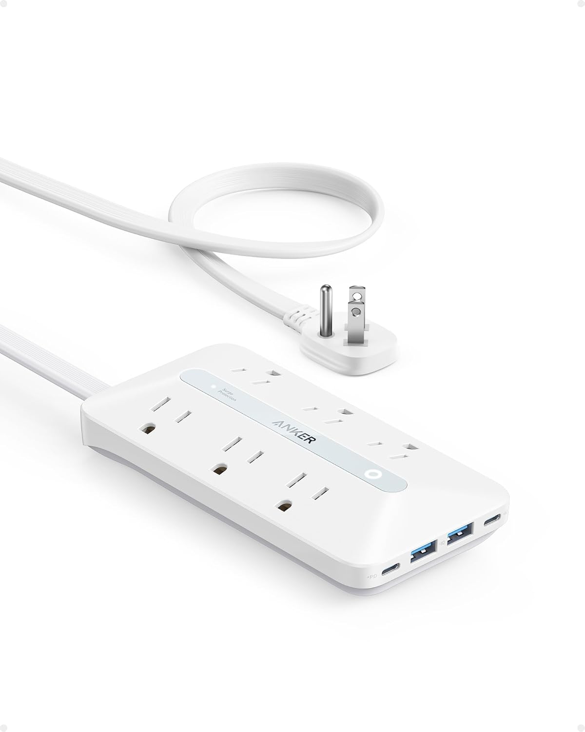 Anker Flat Plug Power Strip(300J), 20W USB-C, 10-in-1 Ultra Thin Power Strip with 6 AC, 2 USB-A/2 USB-C,10feet Extension Cord, Desk Charging Station,Home Office College Dorm Essentials