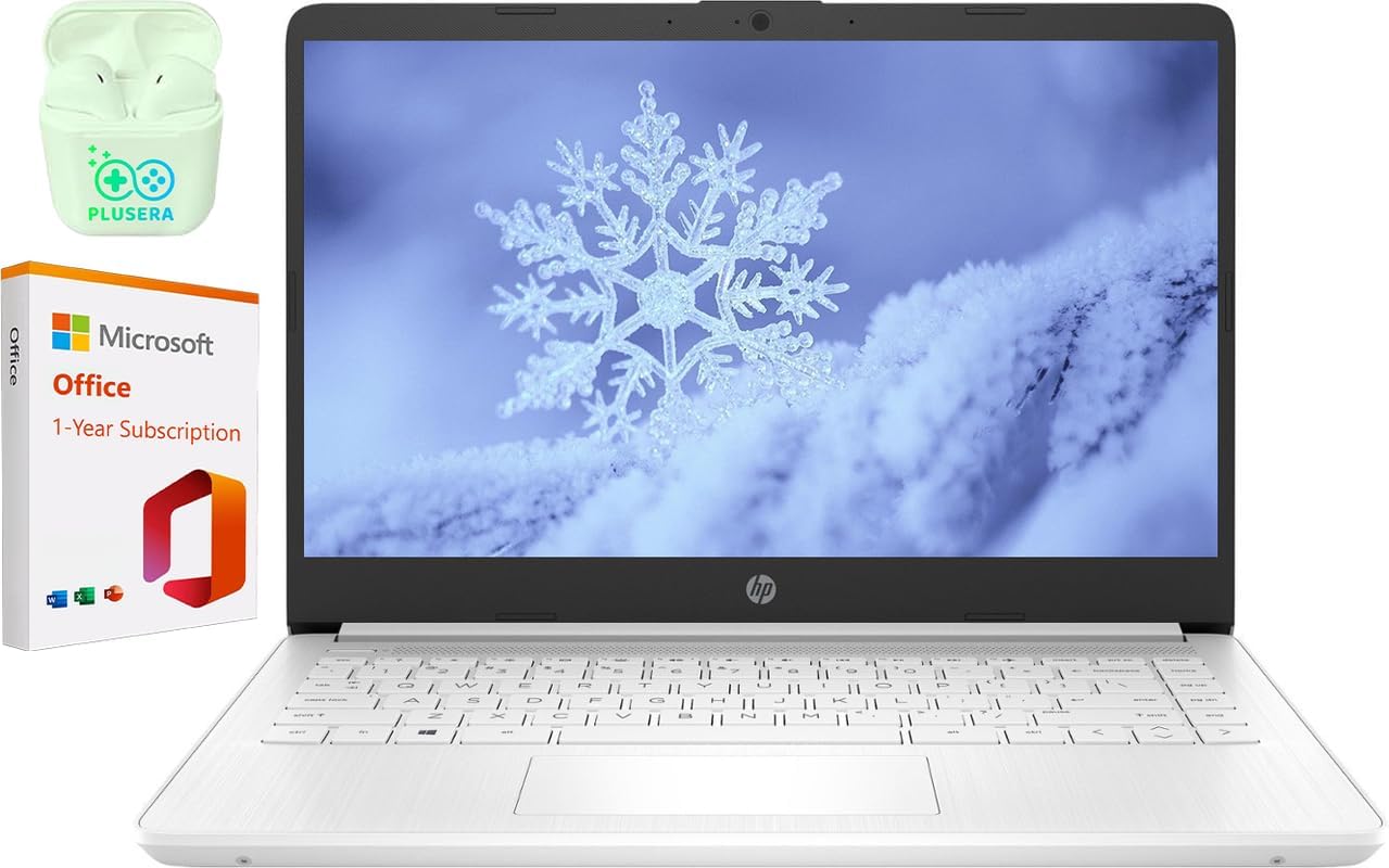 HP 14″ LED Business Laptop Computer, 16GB RAM 320GB Storage (64GB eMMC+256GB SD Card), Intel Quad-Core N4120, Windows 11 S Laptop with 1-Year Microsoft Office 365, PLUSERA Earphones, White