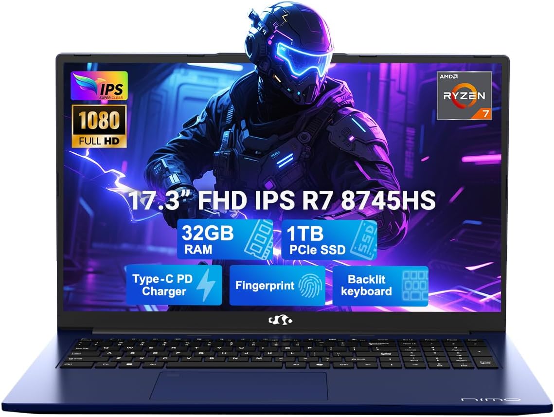 NIMO 17.3″ IPS FHD-Gaming-Laptop, AMD Ryzen 7 8745HS 32GB DDR5 RAM 1TB SSD (8C/16T, up to 4.9GHz) Radeon 780M Graphics Business Computer with 100W Type-C Backlit Keyboard, Fingerprint USB-C 4.0