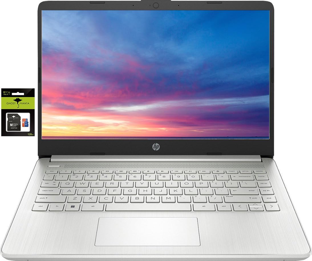 HP 14″ Laptop Stream Ultral Light for Students and Business, Quad-core Intel Celeron Processor, 16GB RAM, 256GB Storage (128GB eMMC+128GB Ghost Manta SD Card), 1 Year Office 365, HDMI, Win 11