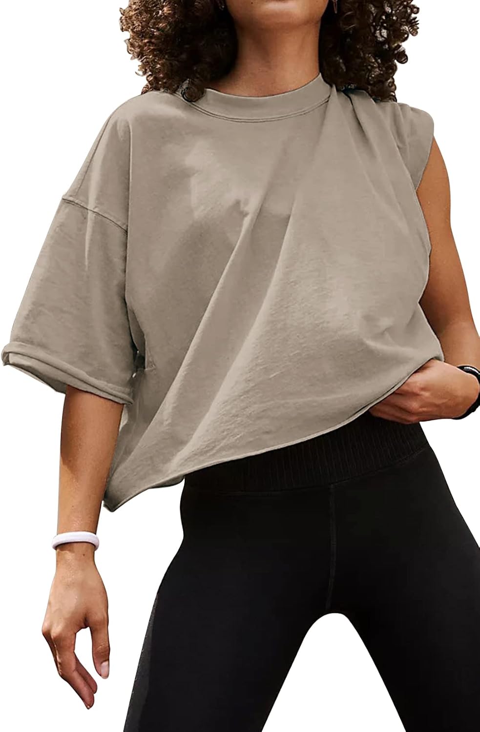 Women’s Oversize Workout Crop Tops Casual Short Sleeve Drop Shoulder Boxy T-Shirts Roll Hem Basic Loose Yoga Running Tees