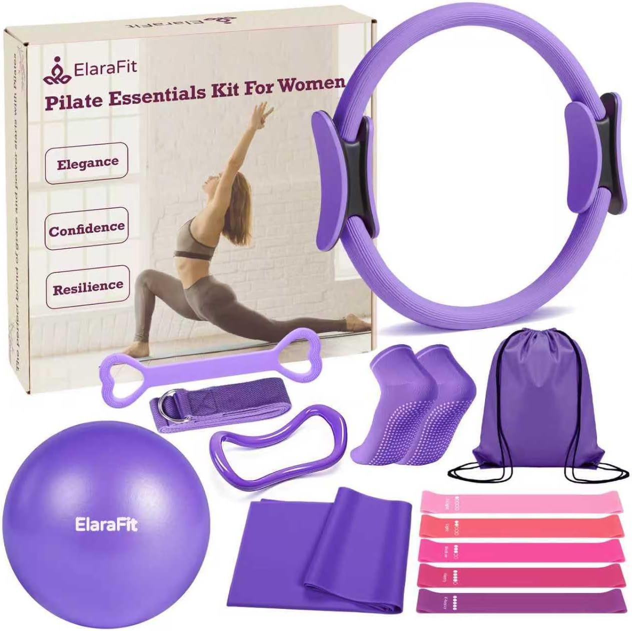 Home Pilates Kit for Women Pilates Equipment Ring and Ball Set Magic Circle Hoop with 5 Resistance Bands Compact Toning Fitness Essentials Starter Set Accessories