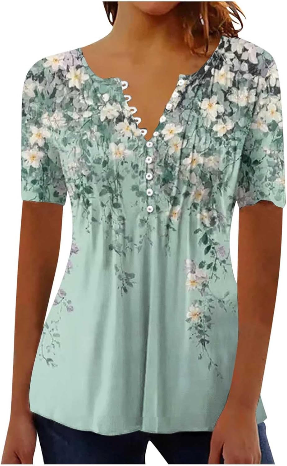 Summer Tops for Women 2025 Trendy Boho Floral Print Tunic Shirts Short Sleeve Button v Neck Tshirt Casual Loose Blouse