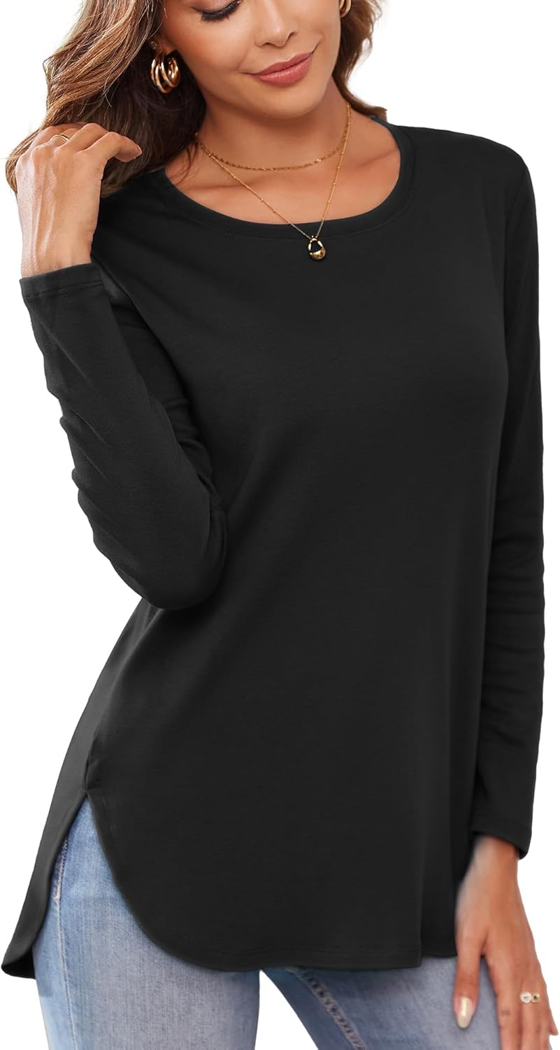 Herou Women’s Casual Long Sleeve T Shirt Crewneck With Side Split Fall Pullover Loose Tunic Sweater Tops