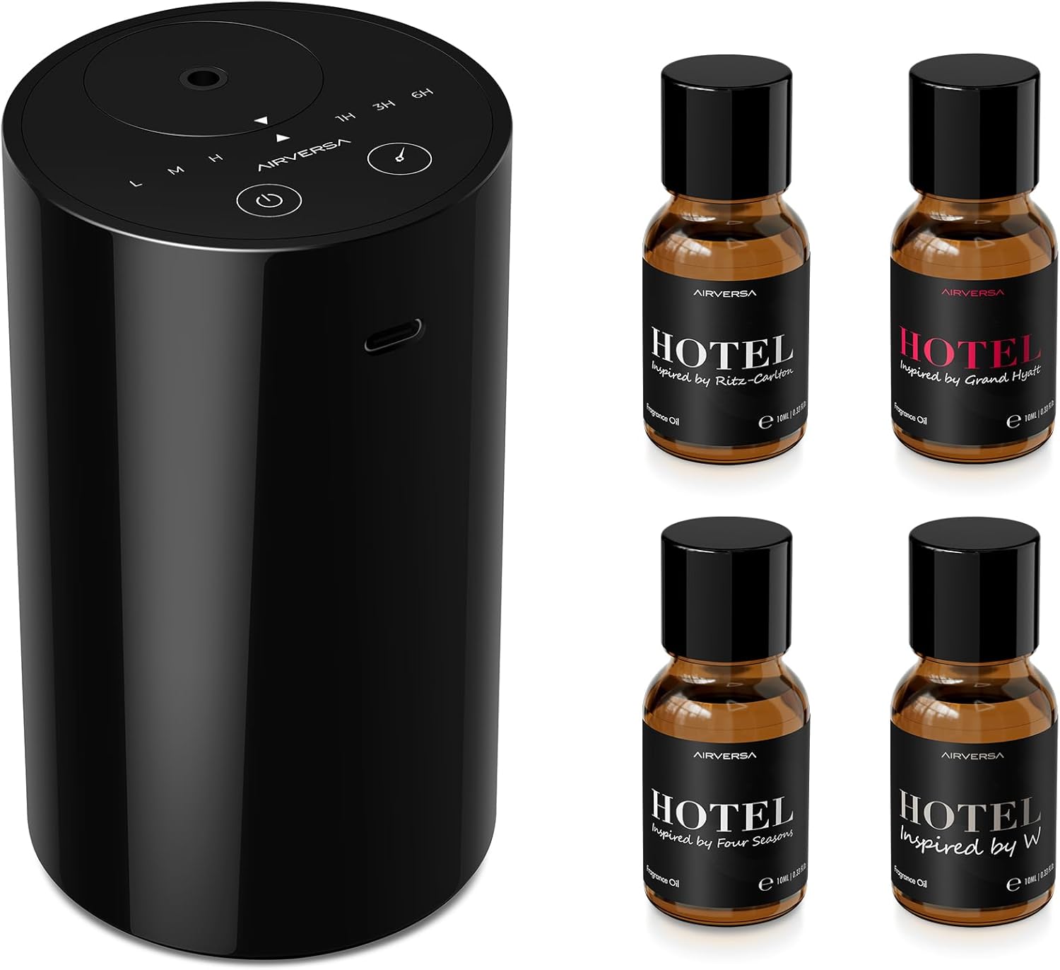 Waterless Essential Oil Diffuser Starter Kit with 4 x 10mL Hotel Scent Fragrance Oil, Battery Operated Mini Scent Air Machine Portable Diffuser for Home Car Office, AN8 Kit Black
