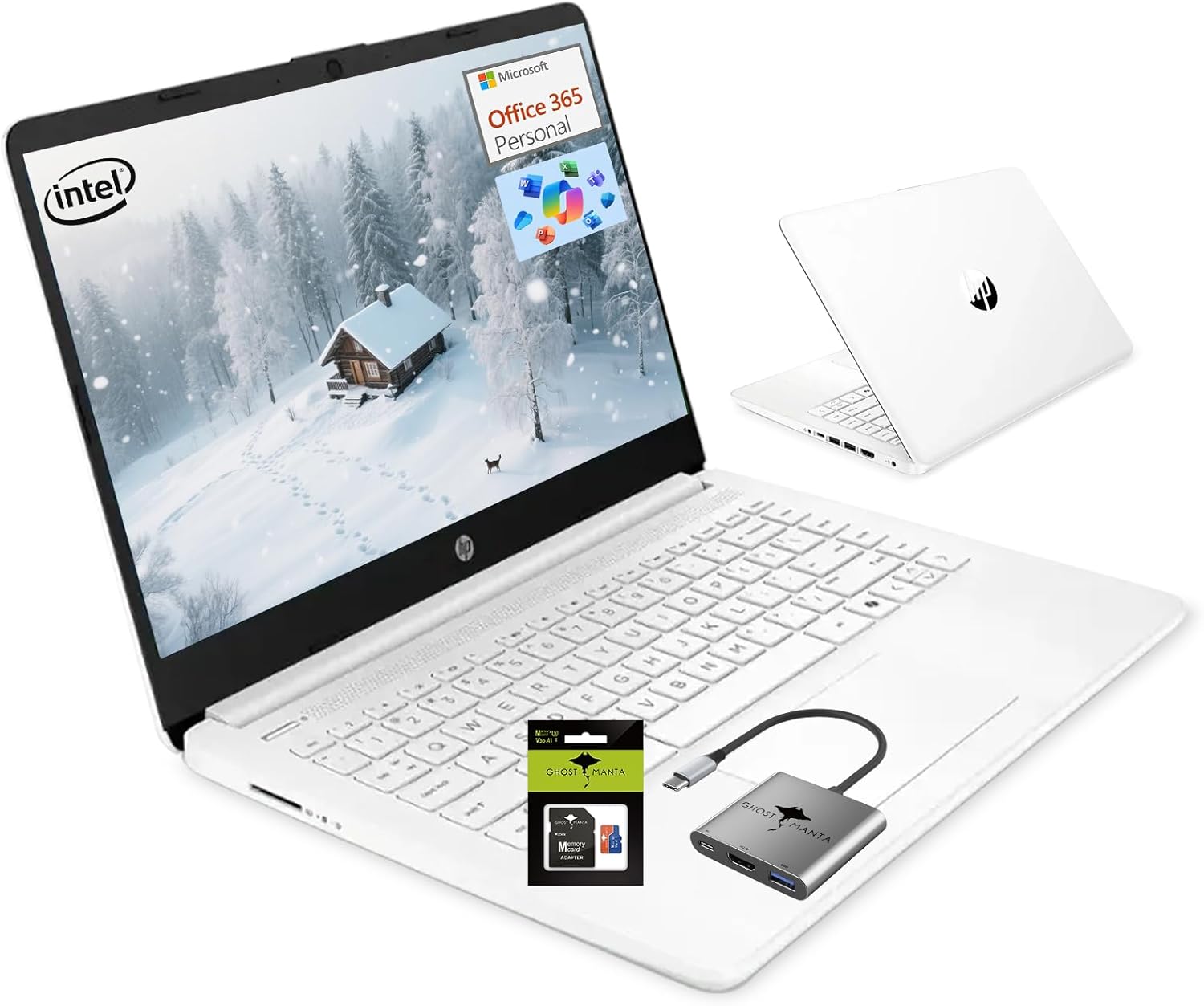 HP 14″ Student-Laptop 1-Y office365 Back to School, Quad Core Intel Processor(Up to 3.6GHz) 16GB RAM 256GB Storage(64GB UFS + 256GB Ghost Manta SD Card) Computer Laptop with Wi-Fi 6 Win11