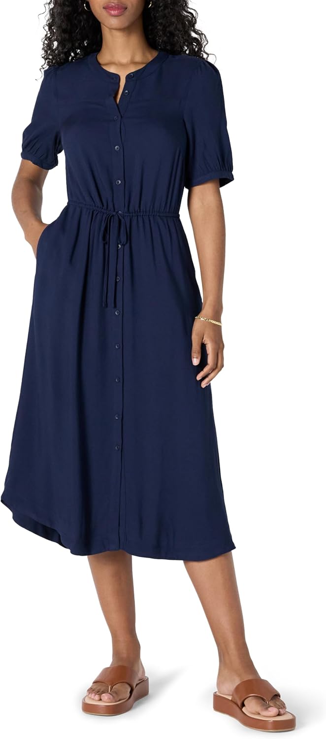Amazon Essentials Women’s Fit and Flare Half-Sleeve Waisted Midi A-Line Dress with Pockets
