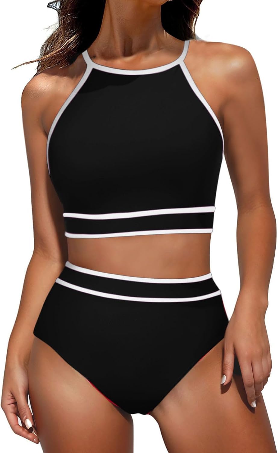 Bathing Suit for Women 2 Piece Tummy Control High Neck Racerback Top Triangle Colorblock Bikini Sets Sporty Swimsuits