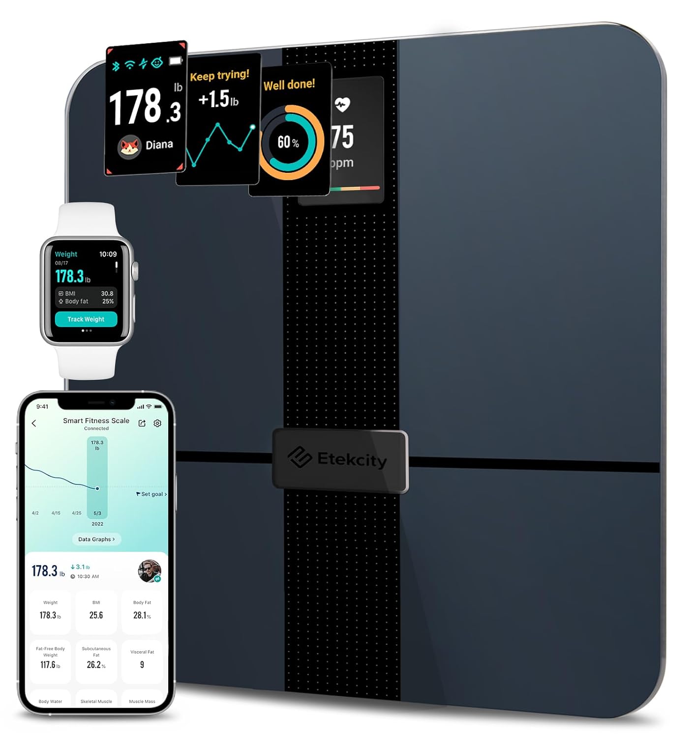Etekcity Smart Scale for Body Weight Fat, Digital Bathroom Weighing Machine for Accurate BMI Muscle Mass Composition, Home Use Apple Health Compatible Fitness Equipment