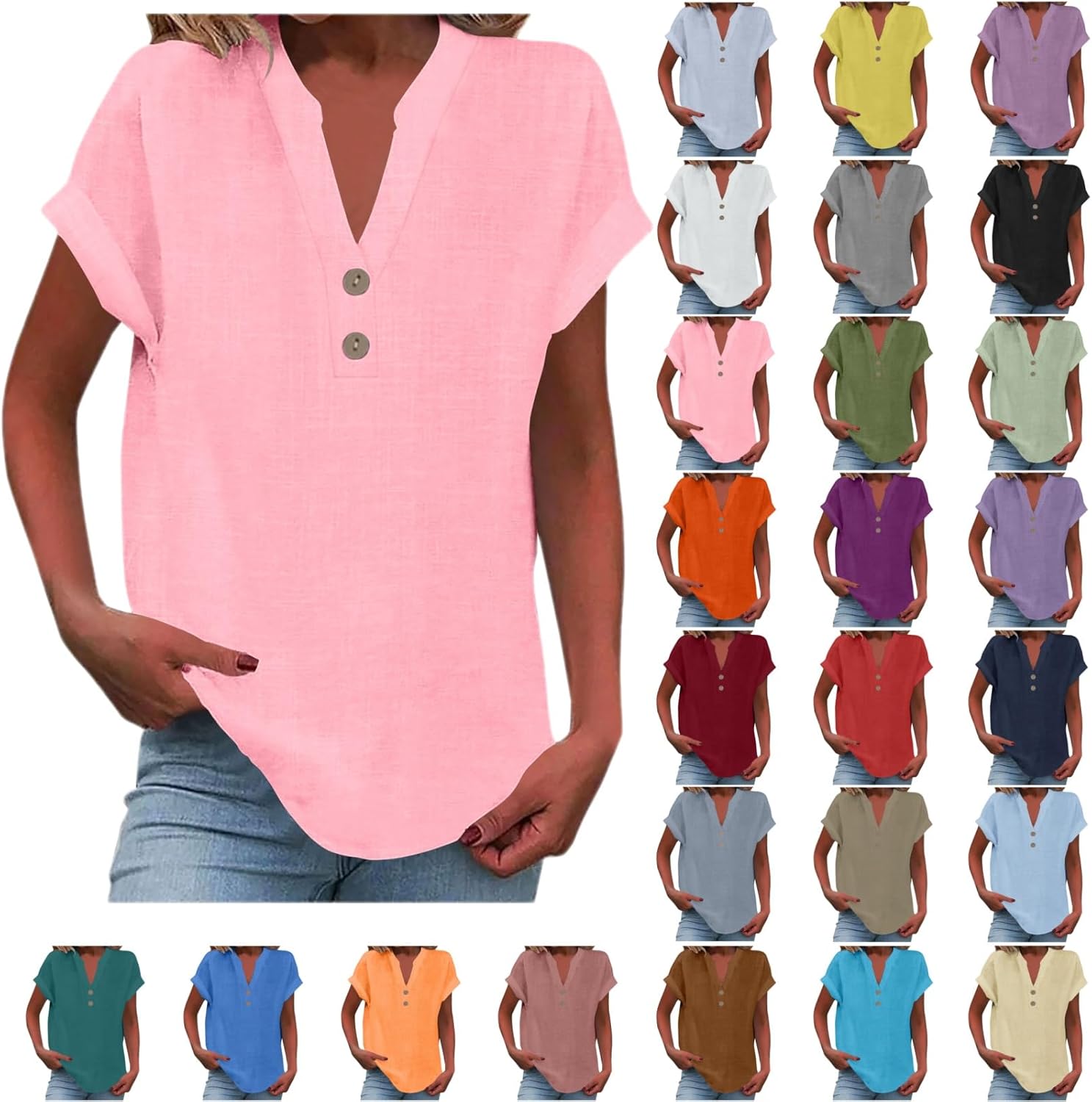 Womens Cotton Linen Shirts Summer Trendy Short Sleeve V-Neck Blouses Tops Button Down Gauze Tees Casual Clothes 2025