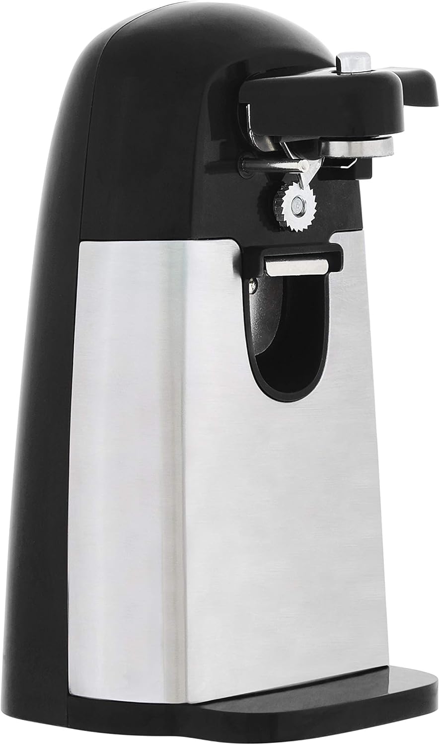 Amazon Basics 3-In-1 Electric Can Opener, Bottle Opener and Knife Sharpener, with Stainless Steel Blade, Magnetic Lid Holder, Automatic, Countertop, 50W, Black