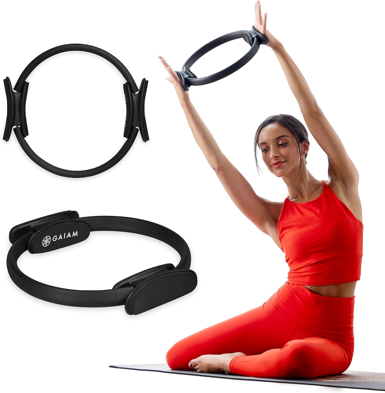 Gaiam Pilates Ring Fitness Circle – Lightweight & Durable Foam Padded Handles, Flexible Resistance Exercise Equipment for Toning Arms, Thighs/Legs & Core