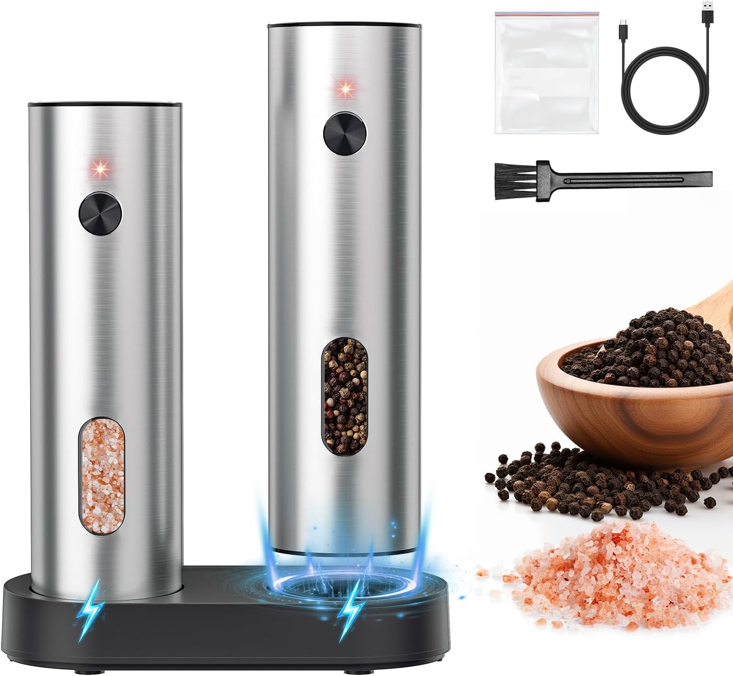 Electric Salt and Pepper Grinder Set, Pepper and Salt Shakers, Auto Pepper Mill with Rechargeable Base/Led Light/Adjustable Coarseness, Kitchen Essentials Ideal for Daily Use & New Home Gift