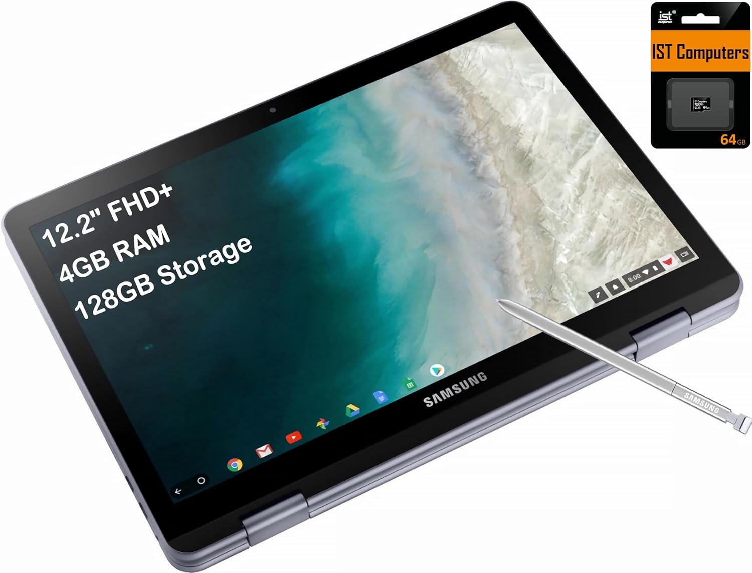 SAMSUNG Chromebook Plus V2 360 2-in-1 Laptop w/Dual Webcam (12.2″ FHD+ Touchscreen,Intel Celeron 3965Y, 4GB RAM, 128GB (64GB eMMC+64GB SD Card), Stylus Pen) Home & Education, IST SDCard, Chrome OS