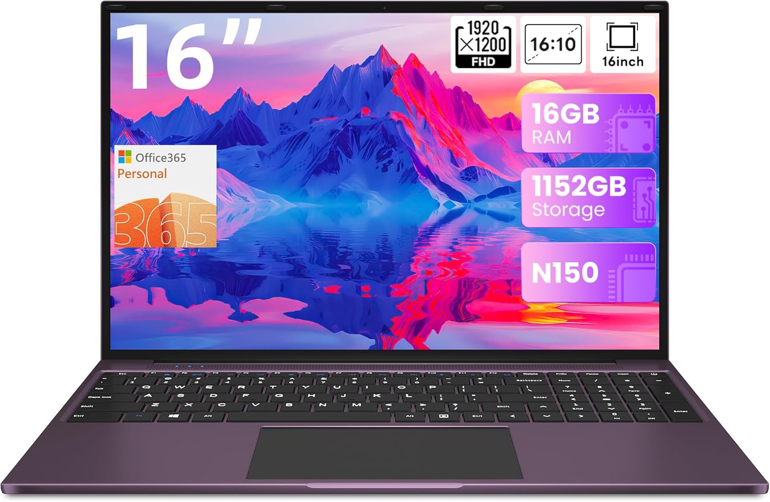 jumper 16 Inch Laptop,12th N150 Processor,1200P IPS Display,1-Year Office 365, 16GB DDR4, 1TB SSD 128GB ROM, Windows 11 Computer, tubro Boost 3.6GHz, Type-C, Purple, for Business and Students.