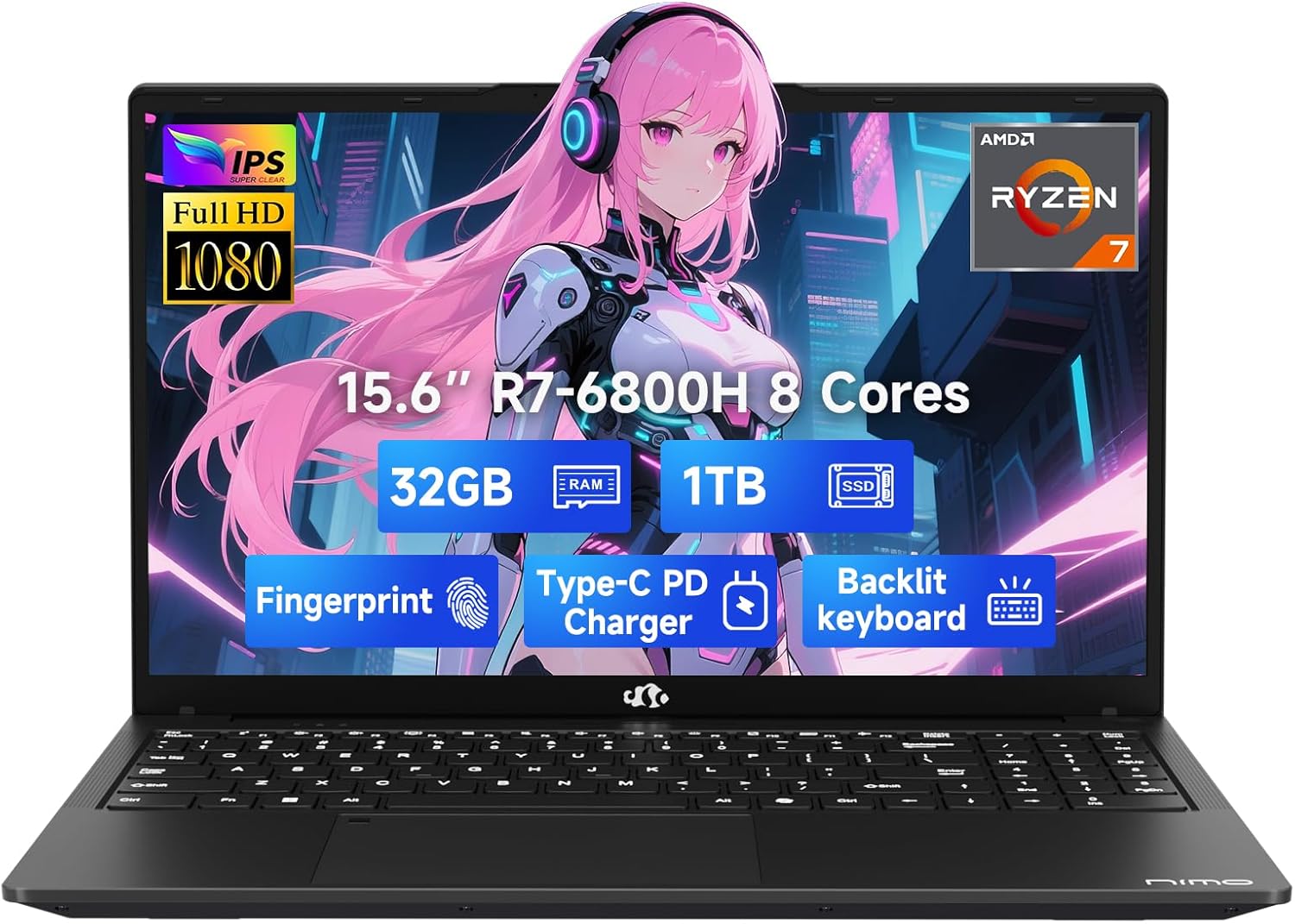 NIMO 15.6″ IPS FHD-Gaming-Laptop, 8 Cores AMD Ryzen 7 6800H 32GB DDR5 RAM 1TB SSD (Beat i7-12700H, Up to 4.7GHz) AMD Radeon 680M GPU-Computer with 100W GaN Type-C Backlit Keyboard Fingerprint