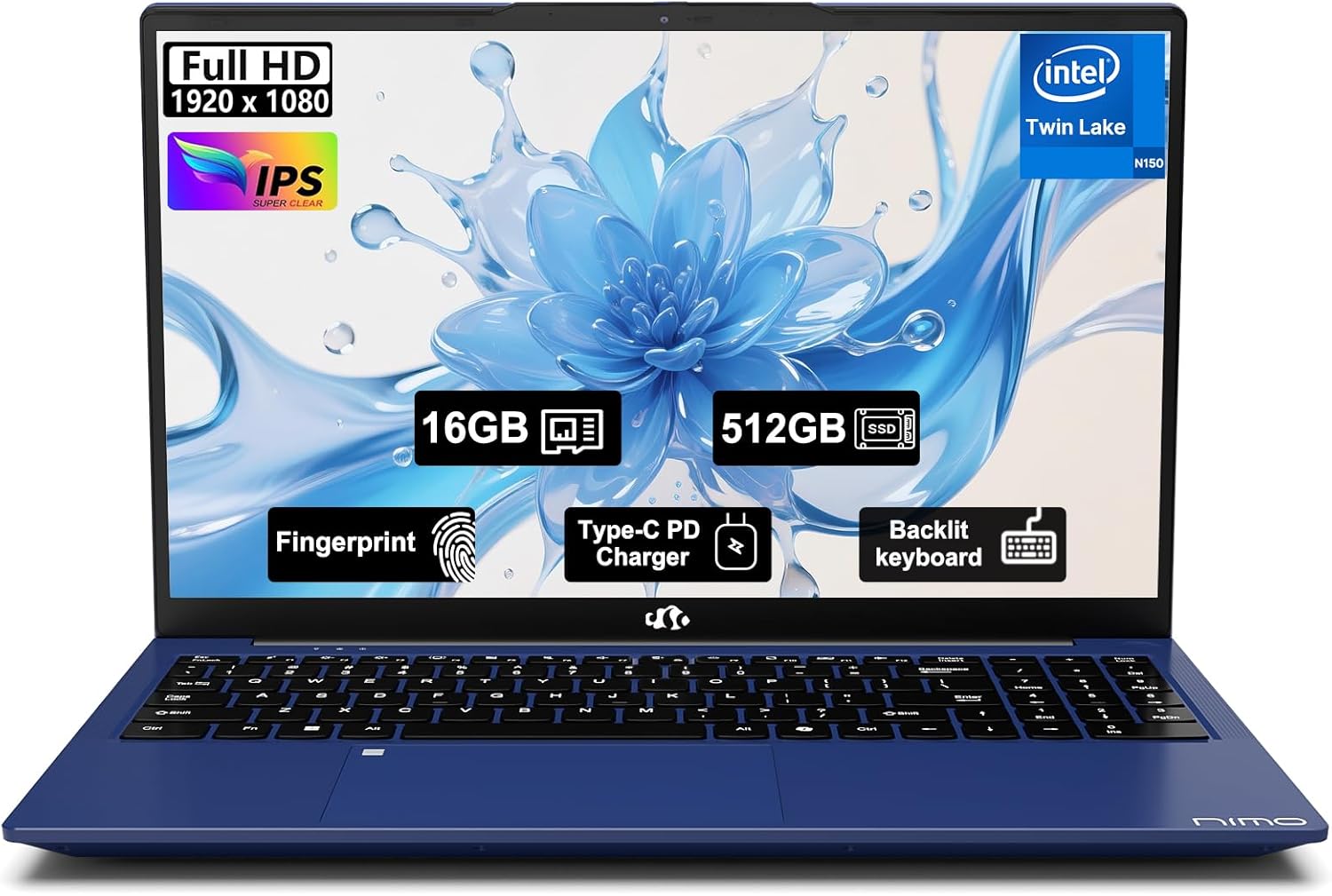 NIMO 15.6″ FHD IPS Student-Laptop-Computer – 16GB RAM 512GB SSD, 4 Cores 13th Gen Intel N150(Beat to i3-1115G4, Up to 3.6GHz), 65W GaN Type-C, Fingerprint, Backlit Keyboard, Wi-Fi 6, BT5.2, Numpad