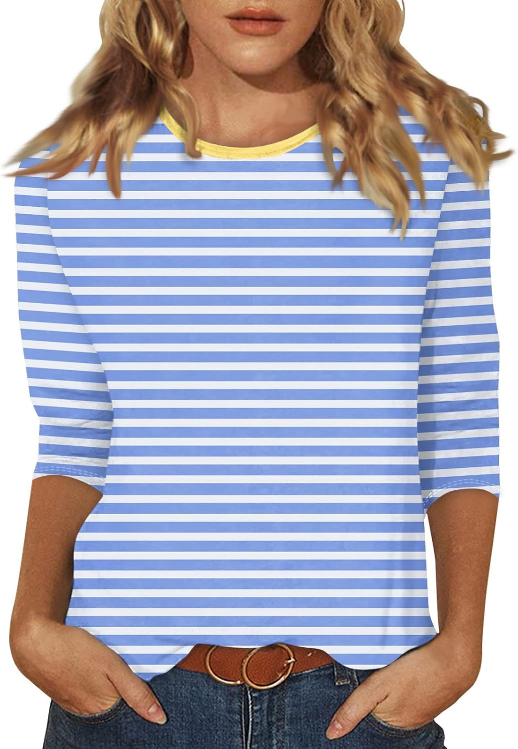 slqdgmryz 3/4 Length Sleeve Womens Tops Summer Three Quarter Striped Shirts Dressy Casual Printed Tunic Tops Women Blouses