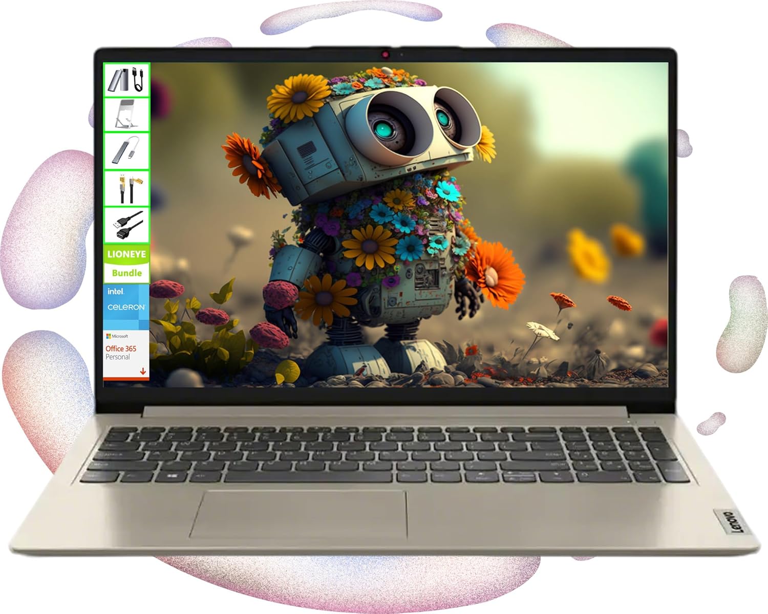 Lenovo IdeaPad Laptop with Microsoft Office and 1TB Cloud Storage (1-Year)| 15.6 inch HD Computer| 16GB RAM| 128GB eMMC & 128GB Portable SSD| Intel 2-Core CPU| Webcam| AI-Powered Windows 11| LE Bundle
