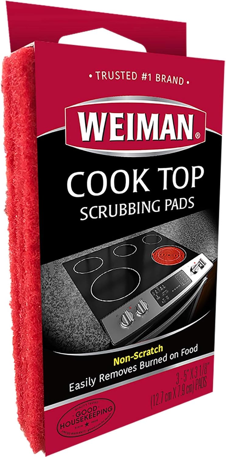 Weiman Cook Top Scrubbing Pads – Gently Clean and Remove Burned-on Food from All Smooth Top and Glass Cooktop Ranges, 3 reusable pads