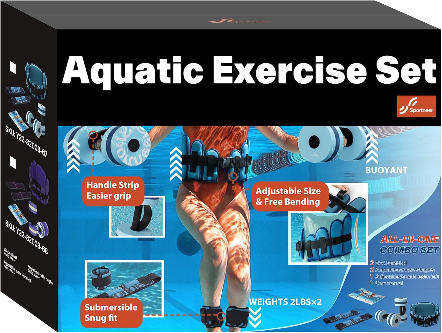 Water Aerobics Pool Exercise Equipment: Sportneer Water Workout Combo Set Includes High Density Water Dumbbell Aqua Belt Ankle Weights for Aquatic Therapy Pool Fitness Water Exercise Set
