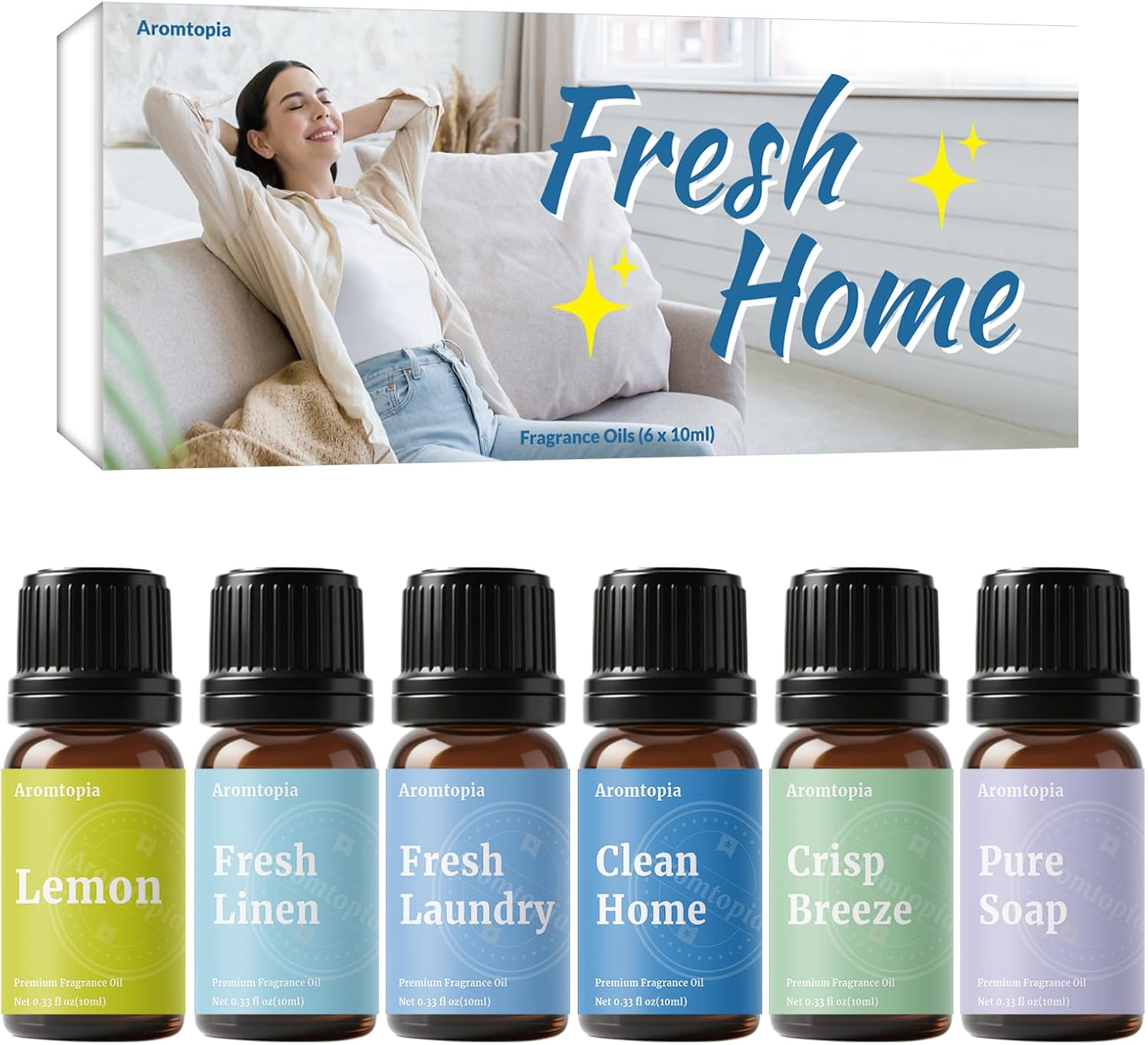 Diffuser Fragrance Oils, Aromtopia Essential Oils for Diffusers for Home, 6x10ml Fresh Home Set, Clean Scents for Candle Soap Making, Dryer Ball, Fresh Linen, Fresh Laundry, Crisp Breeze, Lemon