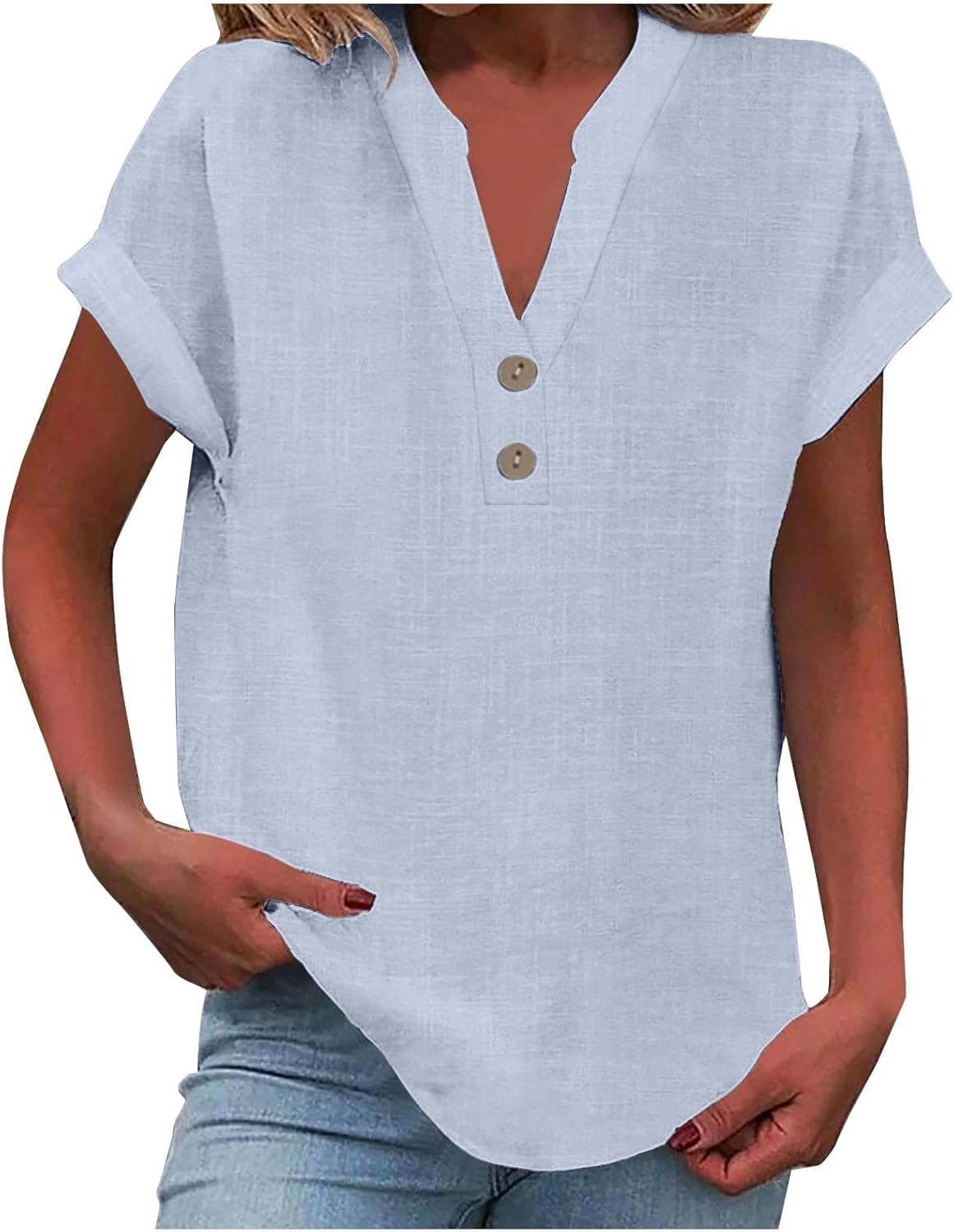 Linen Shirts for Women Summmer Short Sleeve Casual Tops Henley Vcation Beach Lounge Button Lightweight Tunic Blouse
