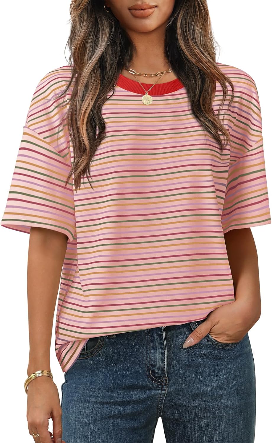 MEROKEETY Women’s Summer Short Sleeve Shirt Casual Colourful Striped Crewneck Loose Tops Blouse