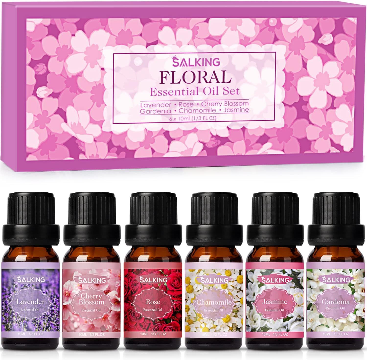 SALKING Floral Essential Oils Set, Premium Pure and Natural Essential Oils, Fragrance Oil Scented Oils for Oil Diffusers 6 x 10 ML – Lavender, Rose, Jasmine, Cherry Blossom, Gardenia, Chamomile