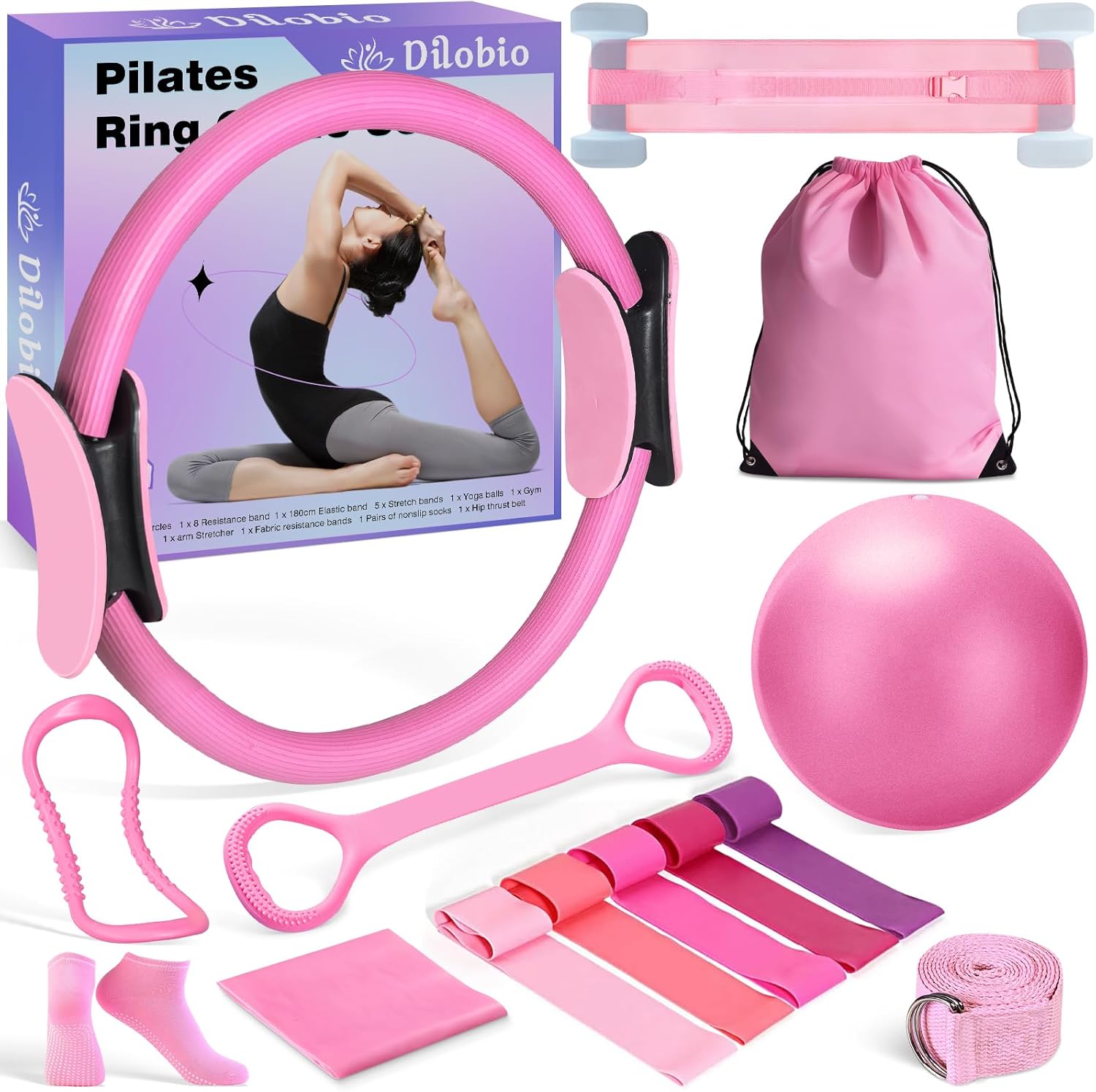 Home Pilates Essentials Kit for Women, Pilates Equipment Ring and Ball Set with 12” Magic Circle, Mini Ball, Resistance Bands, Hip Thrust Belt, Accessories, for Legs Arms and Thighs (Pink)