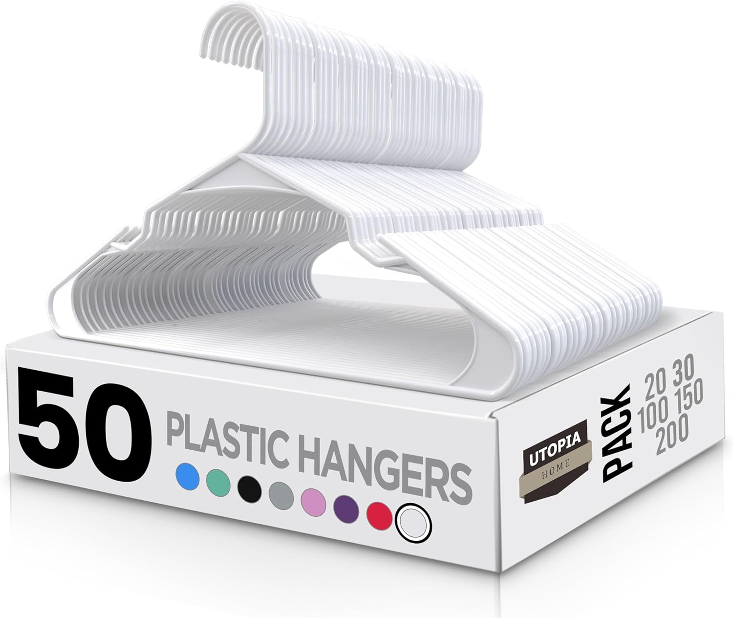 Utopia Home – Plastic Hangers 50 Pack – Space Saving Clothes Hanger – Durable and Strong Closet Organizers and Storage Makes It Ideal Apartment or Dorm Room Essentials for Girls or Guys (White)