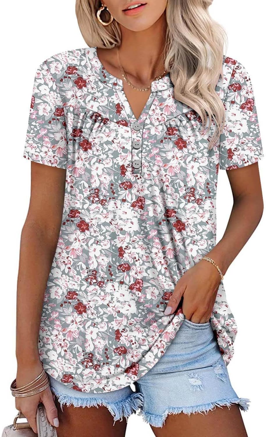 ONLYSHE Womens Summer Short Sleeve Shirts V Neck Tops Casual Tunic Floral Ruffle Blouse