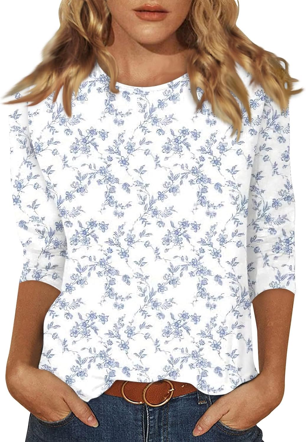 3/4 Length Sleeve Womens Tops Fall Fashion 2025 T-Shirts Floral Crew Neck Basic Tee Fited Tunic Tops Blouse