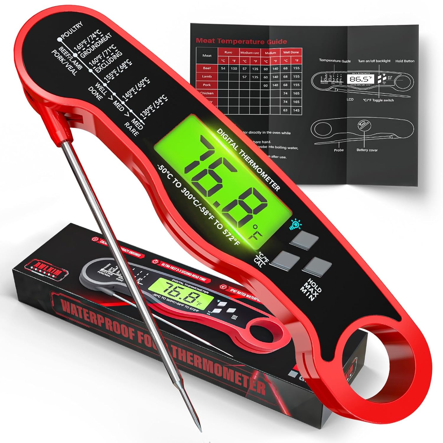 AWLKIM® Meat Thermometer Digital – Instant Read Waterproof Food Thermometer with Backlight for Cooking, Grill, Candy, Kitchen & Stocking Stuffers for Men – Red