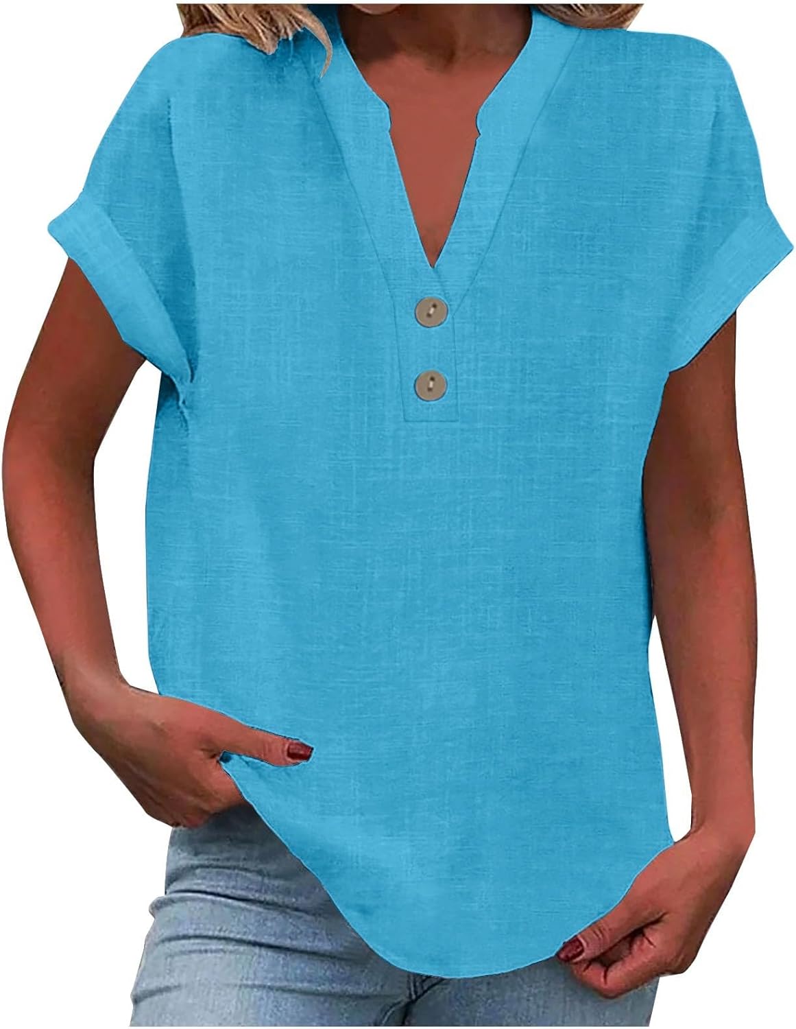 Summer Tops for Women 2025 Trendy Short Sleeve Cotton Linen Shirt Casual Button v Neck Tunic Blouses Outfits