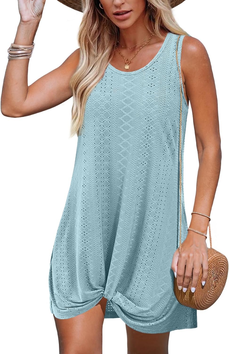 Swimsuit Coverup Summer Dresses for Women 2025 Eyelet Crew Neck Loose Sleeveless Sundresses Twisted Dresses