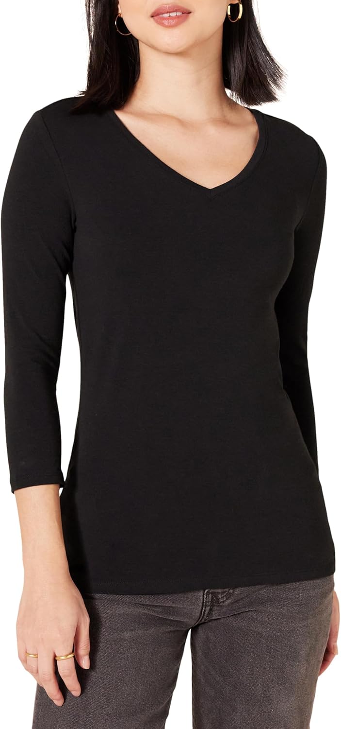 Amazon Essentials Women’s Regular-Fit 3/4 Sleeve V-Neck T-Shirt (Available in Plus Size), Multipacks