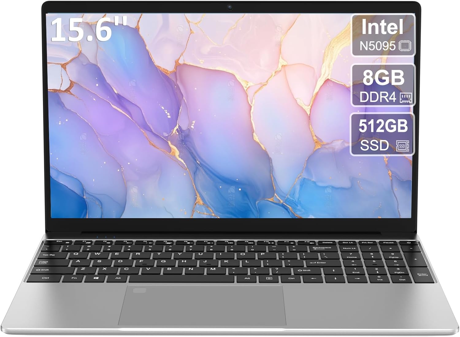 15.6” Laptop Computer,1080P FHD Display,8GB RAM,512GB SSD,N5095 CPU Business Laptop,Numeric Keypad,Backlit Keyboard,Fingerprint Unlock,SD Card Reader,Webcam, 5GWiFi, HDMI,Silver