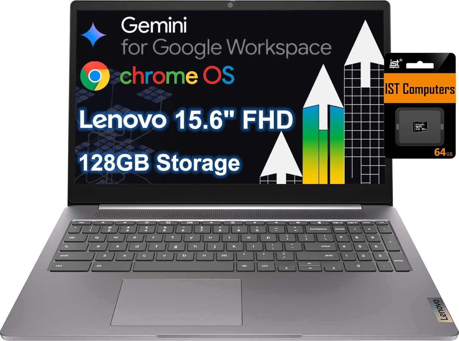Lenovo Chromebook 15 (15.6″ FHD Display, 4GB RAM, 128GB Storage (64GB eMMC + 64GB SD Card) 2TB Cloud Storage, Intel Celeron), Home & Student Laptop, Webcam, Wi-Fi 6, 10-Hr Long Battery Life, Chrome OS