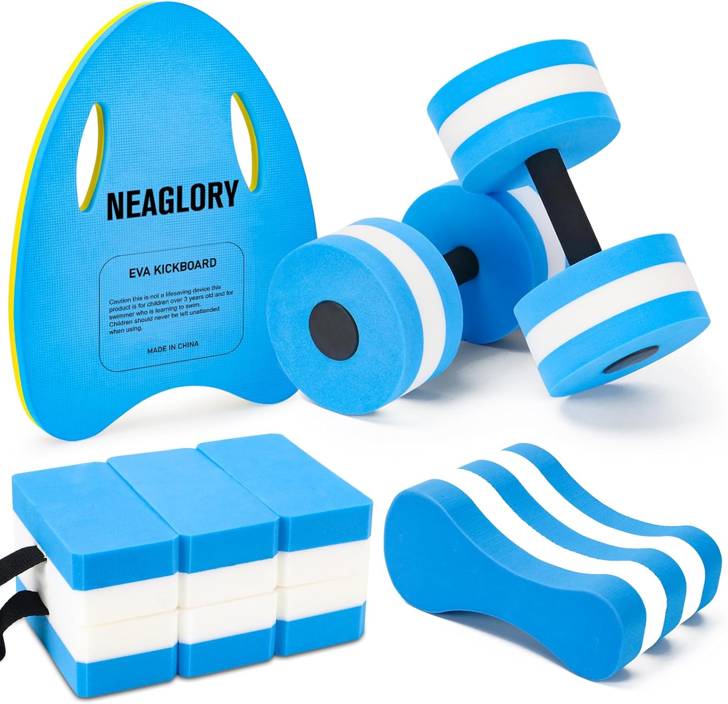 NEAGLORY 5 Pieces Water Aerobics Set, Aquatic Exercise Set Pool Fitness Equipment with Foam Dumbbell, Swim Kickboard, Pull Buoy, Aquatic Swim Belt for Water Workout