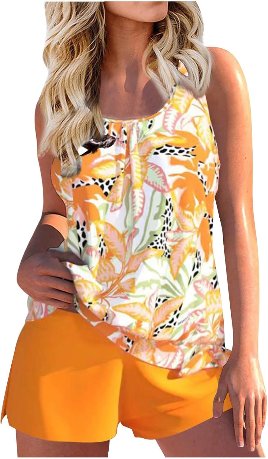 Tankini Swimsuits for Women Loose Fit Crewneck Blouson Swim Tank Top Shorts 2 Piece Bathing Suit Modest Sport Swimwear