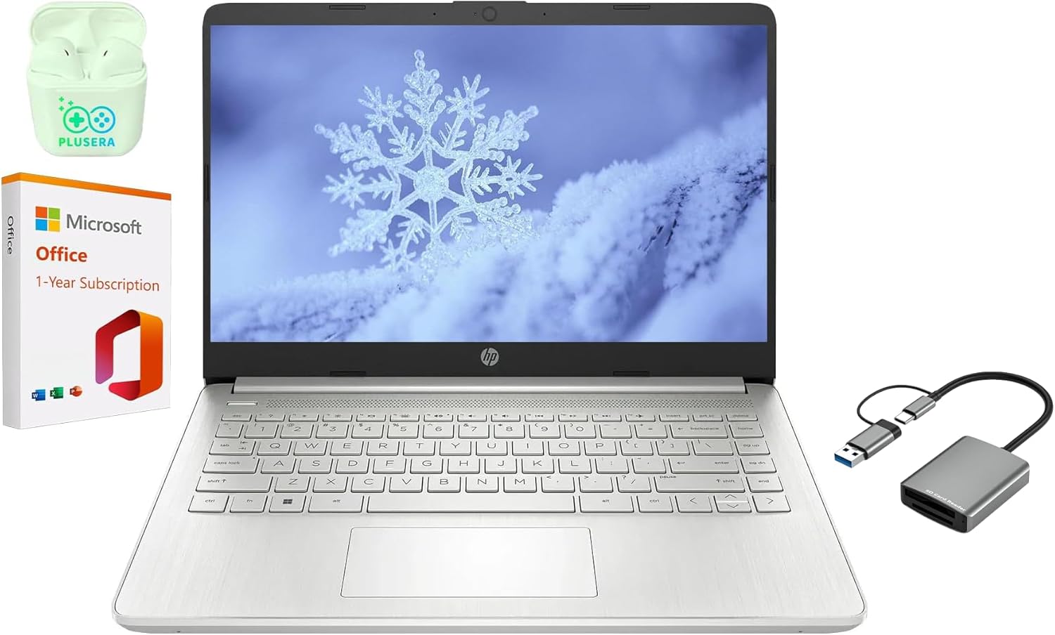 HP 14″ LED Business Laptop Computer, 16GB RAM 320GB Storage (64GB eMMC+256GB SD Card), Intel Quad-Core N4120, Windows 11 S Laptop with 1-Year Microsoft Office 365, PLUSERA Earphones, Silver