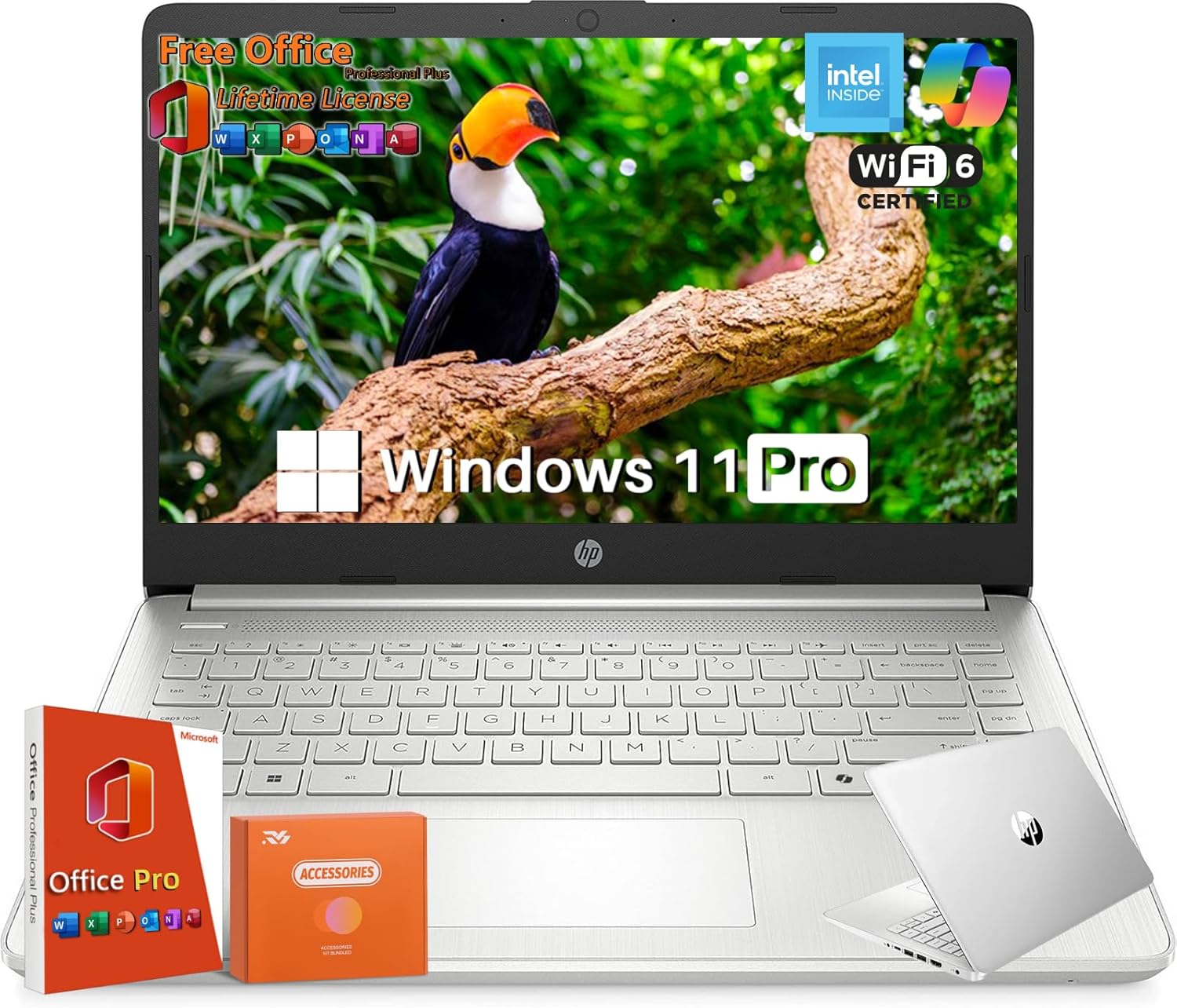 HP 2025 14 inch HD Laptop, Office Pro Lifetime License, Intel Processor N150, 16 GB RAM, 384 GB Storage(128GB UFS+256GB MSD), Copilot AI, Wi-Fi 6, Lightweight, Windows 11 Pro, w/Accessories