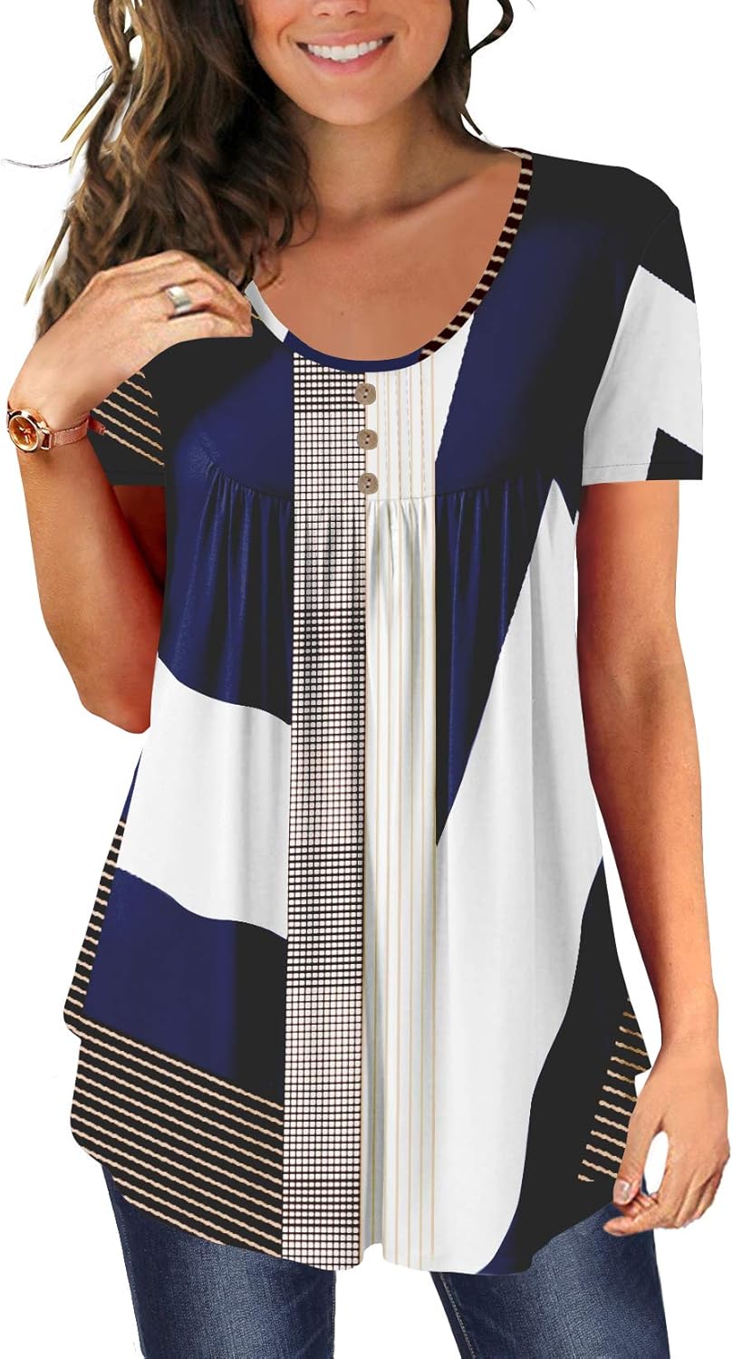 BeadChica Women’s Tunic Tops For Leggings Short Sleeve Shirts Botton Up Casual Ruched Blouses Clothes