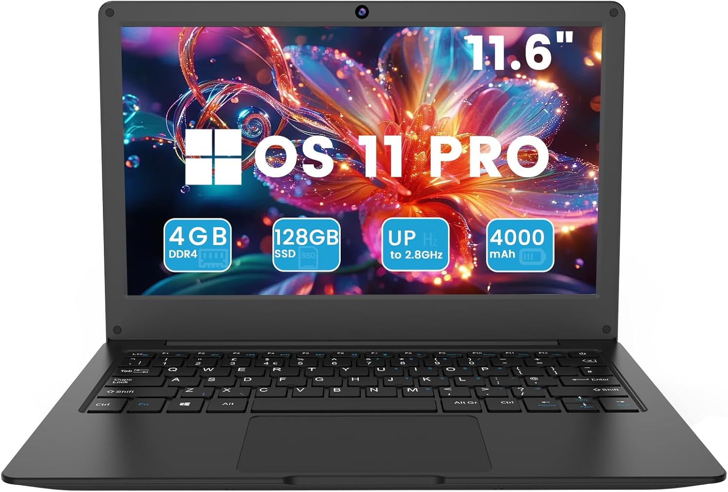 Azeyou 11.6” Laptop HD Display, Student Laptop Computer 4GB DDR4 RAM, 128GB SSD, OS 11 Pro Laptops, WiFi, BT4.2, USB3.0, Type_C 4000mAh Battery (Black)
