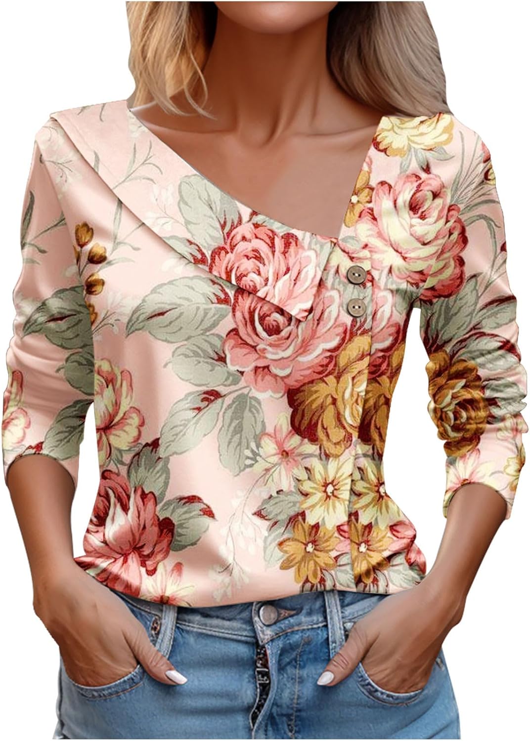 LRMQS Spring Tops for Women 2024 Trendy Casual Long Sleeve Asymmetric V Neck Button Blouses Dressy Woman Shirts Clothing