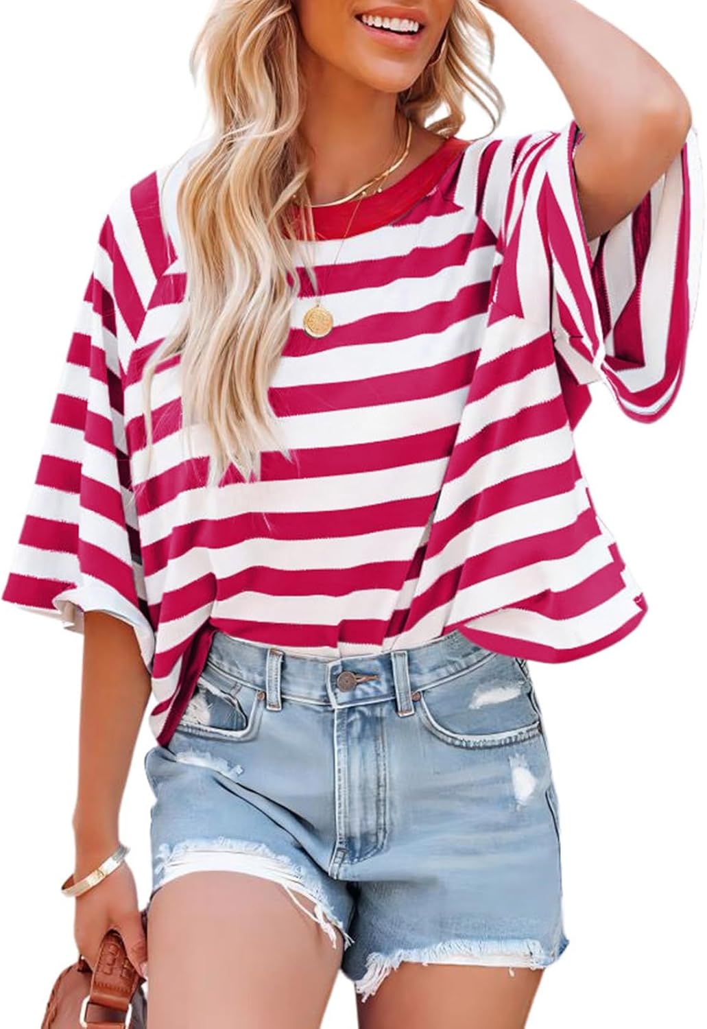 Dokotoo Tops for Women Striped 2025 Fashion T Shirts for Women Color Block Crewneck Design Loose Basic Tee