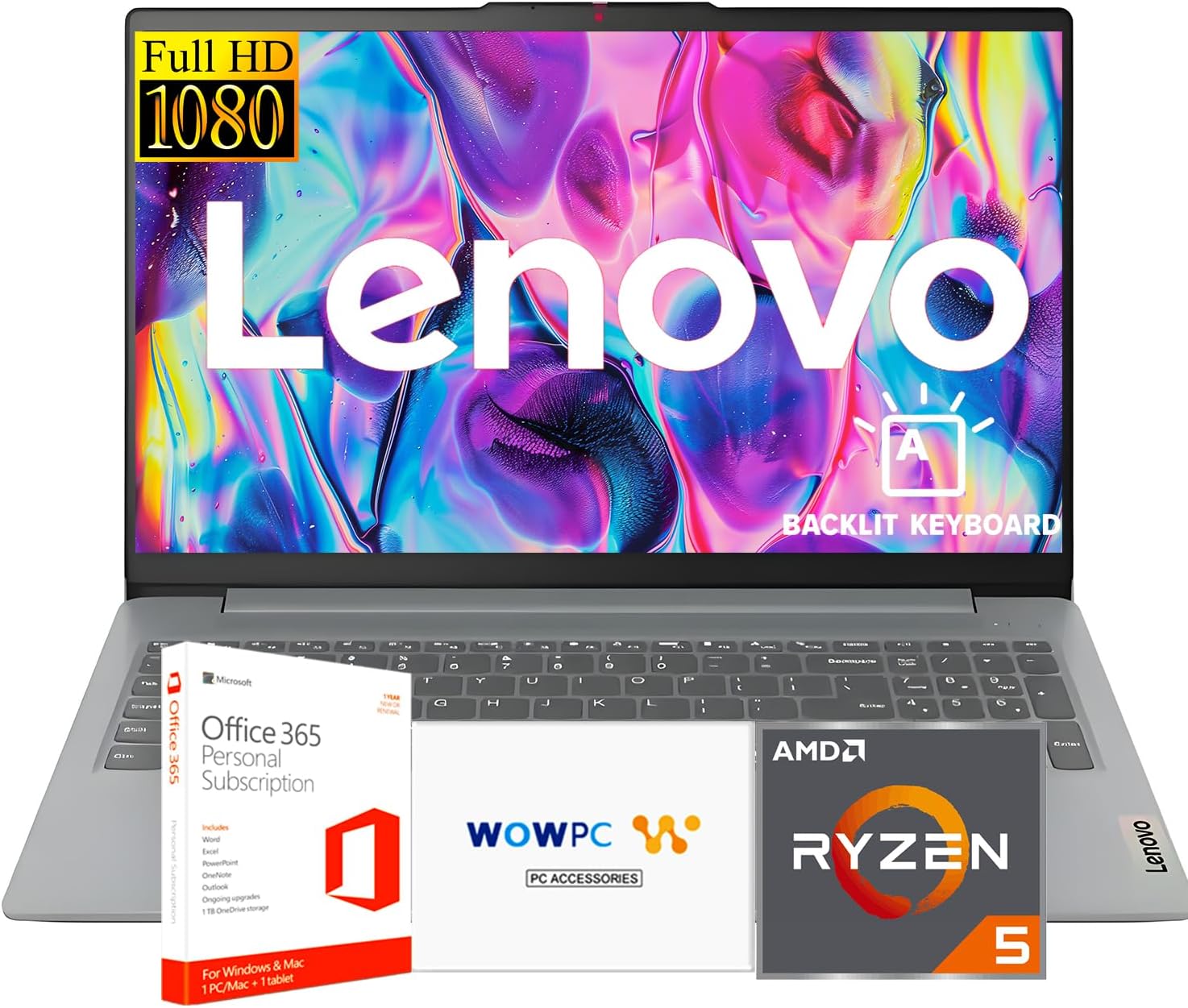 Lenovo Ideapad Slim 3 Laptop for Student & Business with Microsoft Office, Backlit Keyboard, AMD Ryzen 5 5625U (Beats Intel i7-1260U), 15.6″ FHD Display, 16GB RAM 512GB SSD, Windows 11 Pro, WOWPC USB