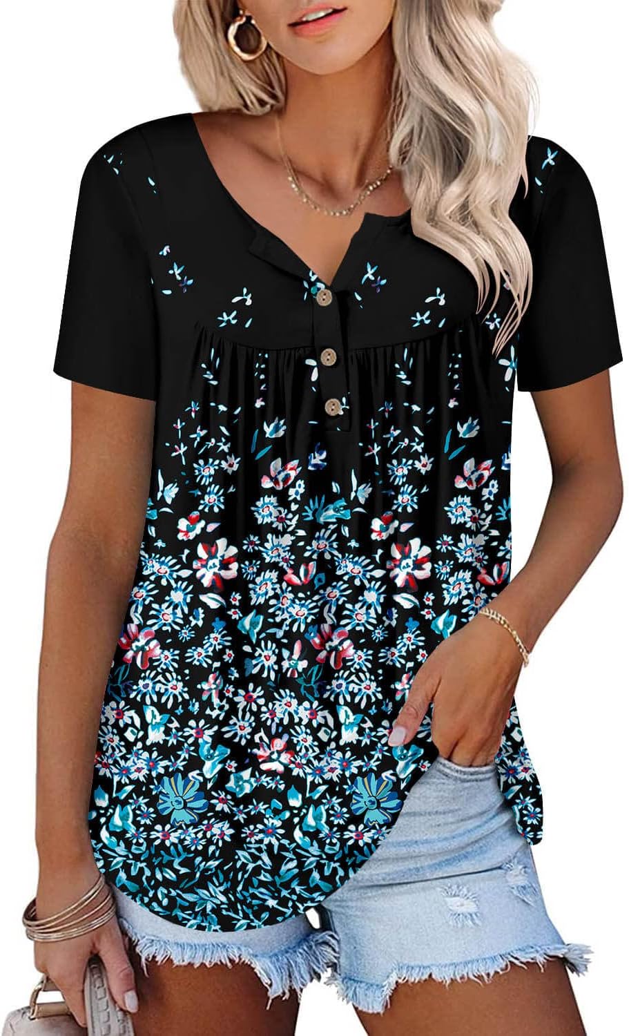 ONLYSHE Womens Summer Short Sleeve Shirts V Neck Tops Casual Tunic Floral Ruffle Blouse